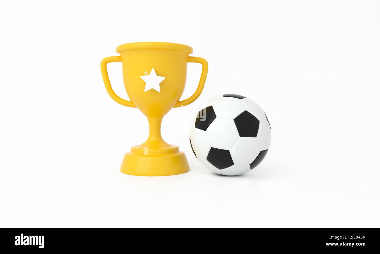 Trophy Cup e pallone da calcio su sfondo isolato. 3d rendering. Foto Stock