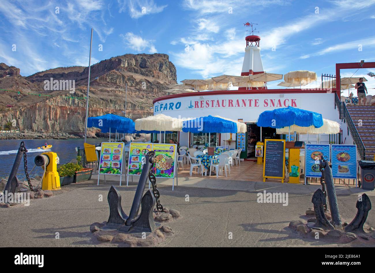 Ristorante al faro, Puerto de Mogan, Grand Canary, Isole Canarie, Spagna, Europa Foto Stock