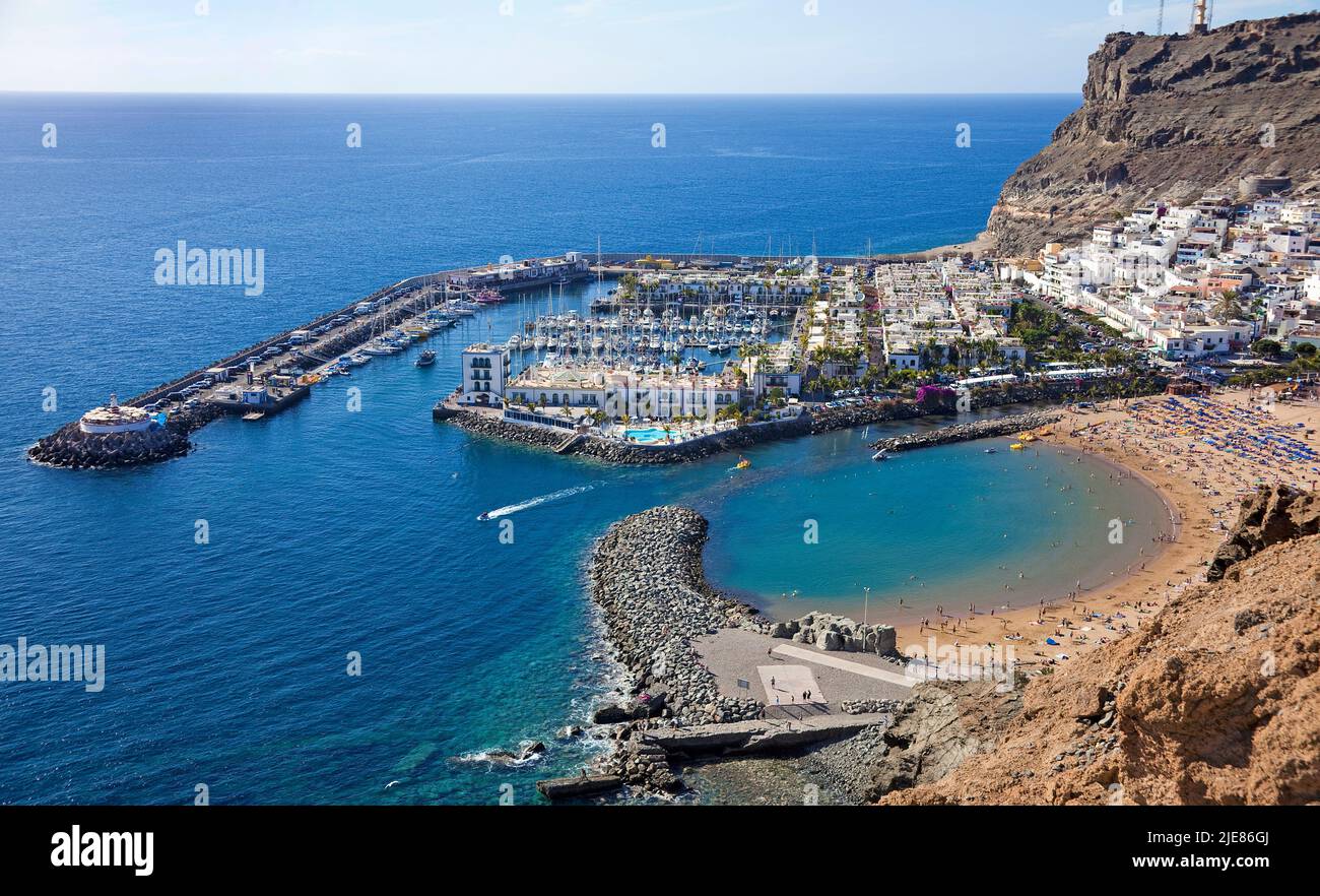 Panoramica di Puerto de Mogan, Gran Canaria, Isole Canarie, Spagna, Europa Foto Stock