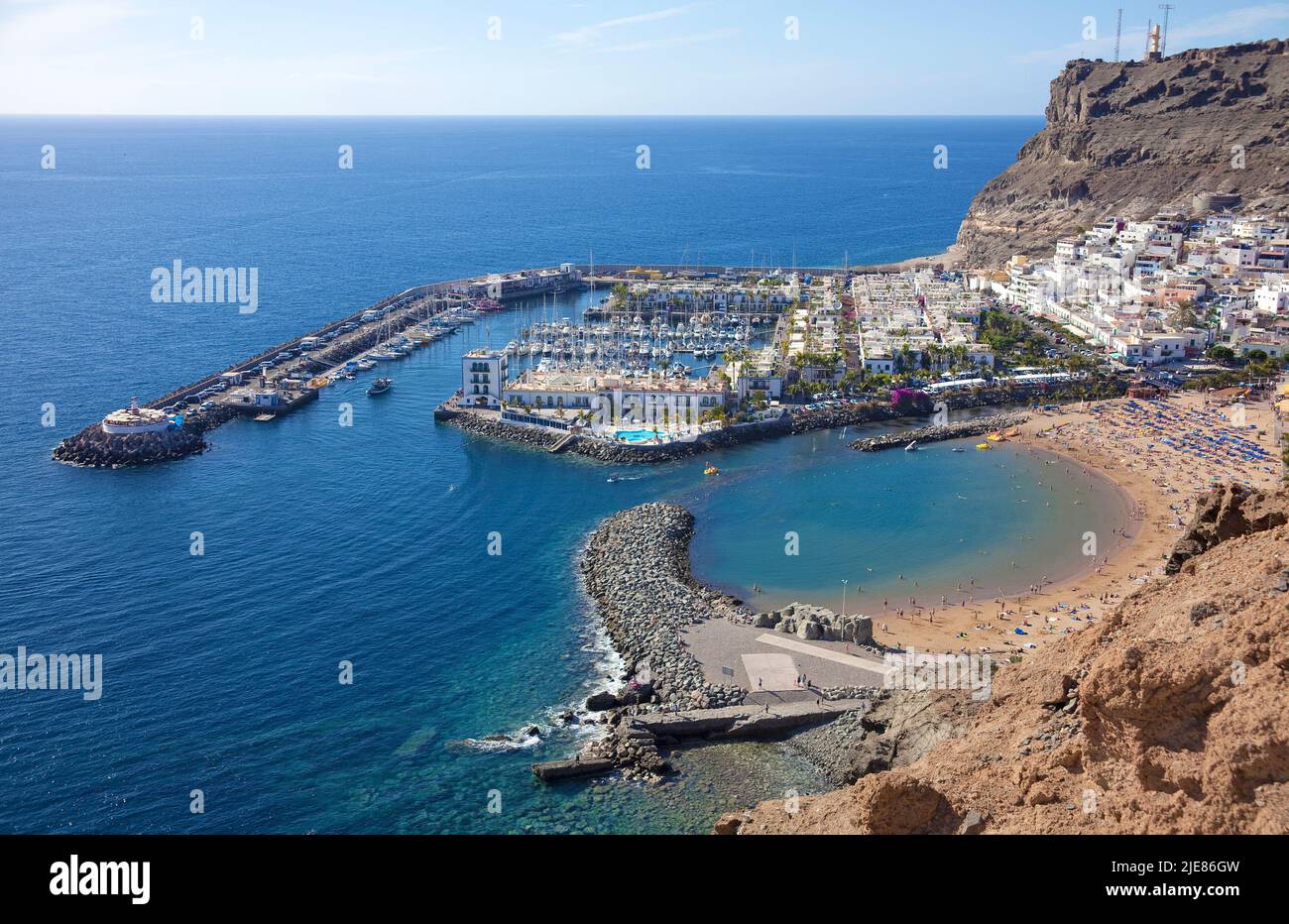 Panoramica di Puerto de Mogan, Gran Canaria, Isole Canarie, Spagna, Europa Foto Stock