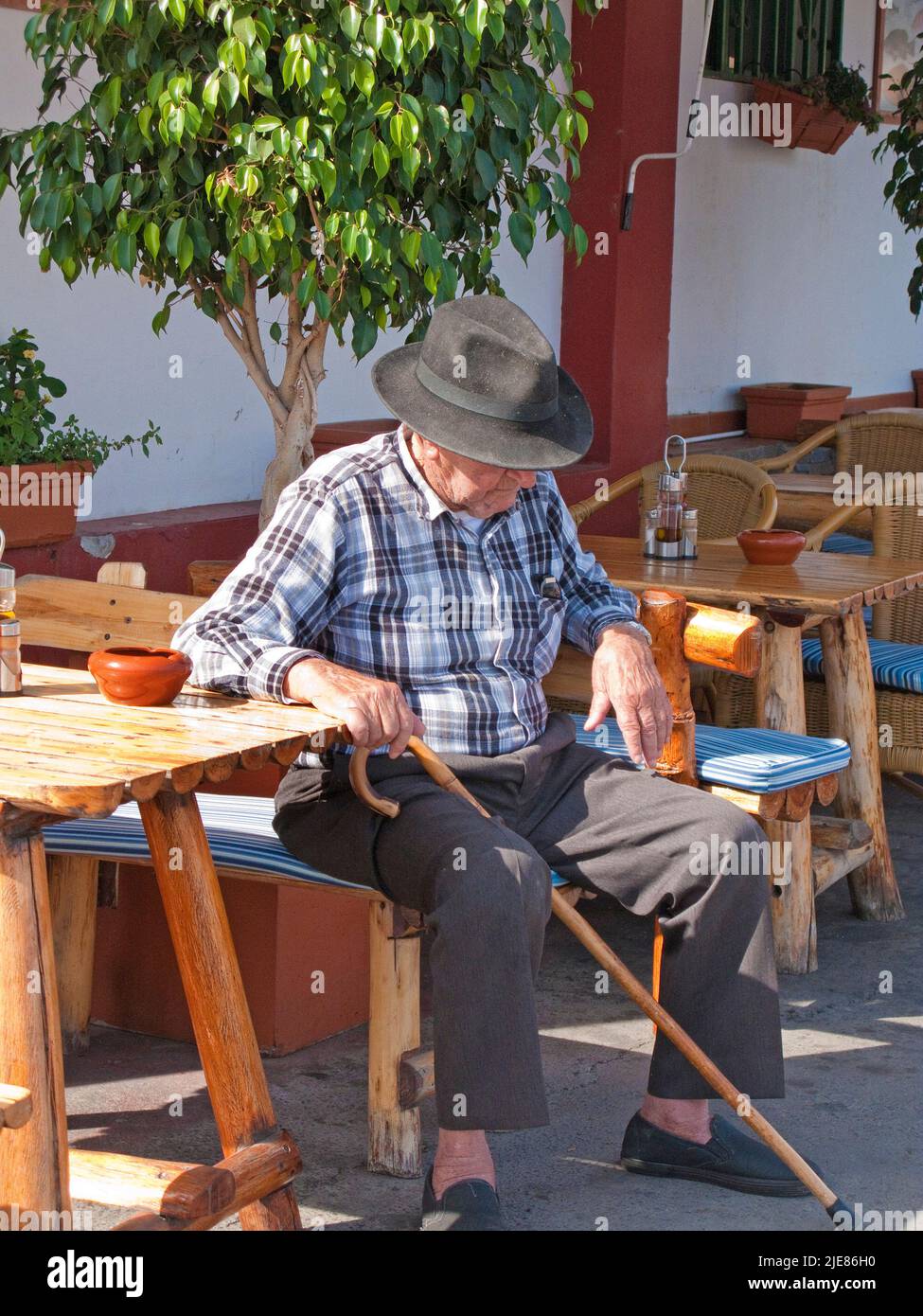 Vecchio uomo locale seduto su una panchina in un ristorante di pesce, porto di Puerto de Mogan, Grand Canary, isole Canarie, Spagna, Europa Foto Stock