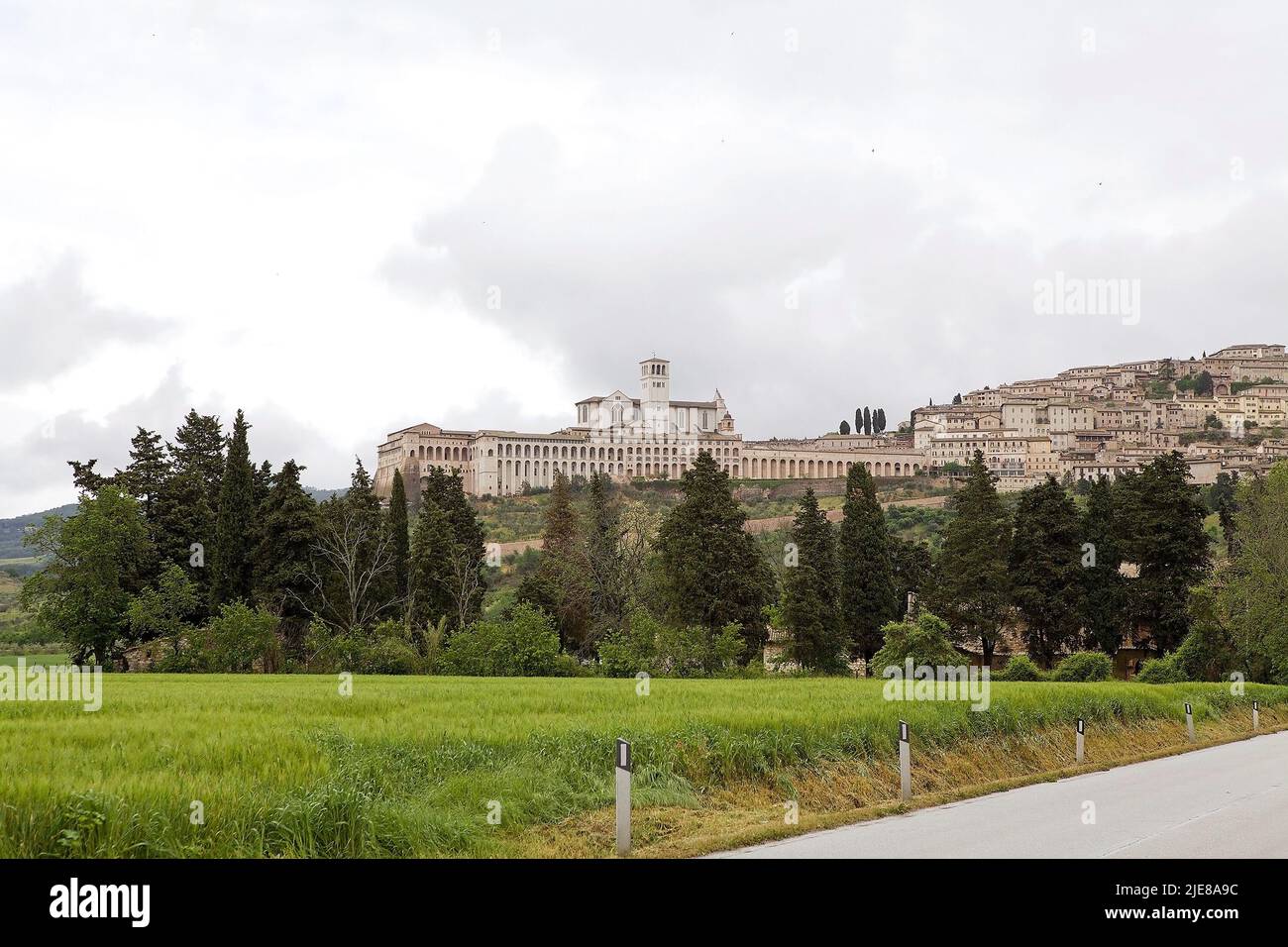 Panorama di Assisi, Italia. Assisi è una città della provincia di Perugia in Umbria, sul fianco occidentale del Monte Subasio. Fu il luogo di nascita di S. Foto Stock