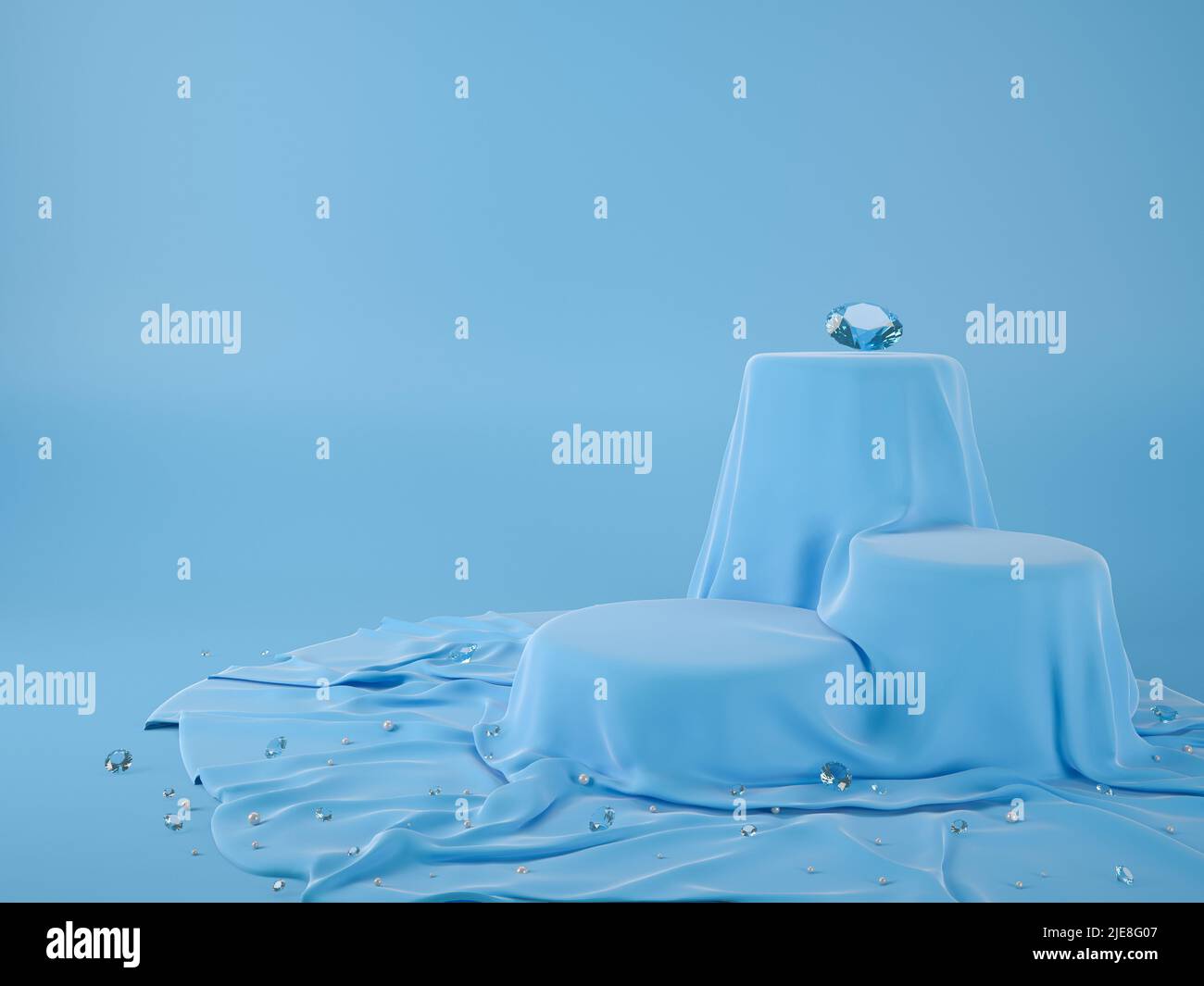 3D illustrazione del podio in tessuto blu con perle e gemma blu per vetrina del prodotto, percorso di lavoro o percorso di taglio incluso Foto Stock