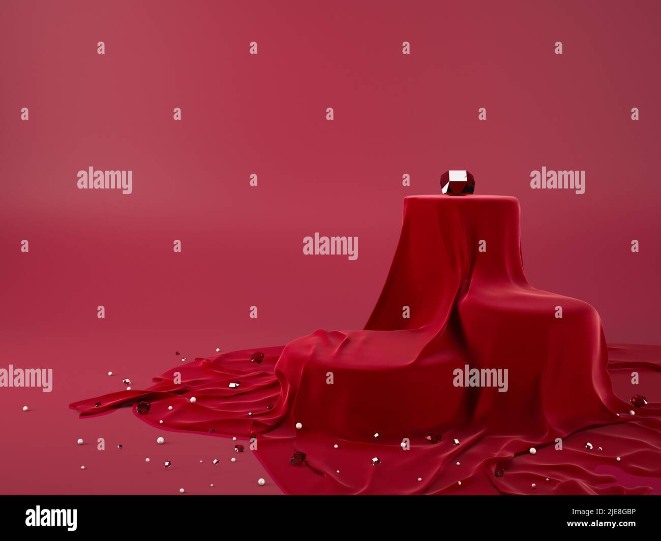 3D illustrazione del podio in tessuto rosso con perle e gemma rossa per vetrina del prodotto, percorso di lavoro o percorso di taglio incluso Foto Stock