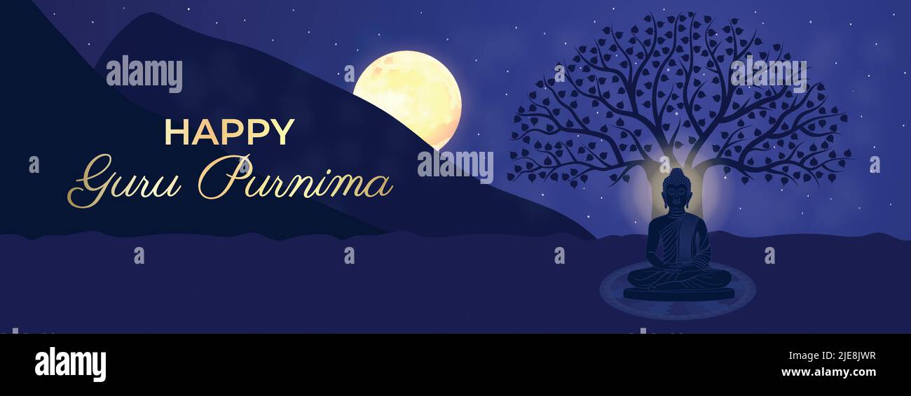 Happy Guru Purnima Gautama Buddha, albero Bodhi, Luna, cielo notturno, silhouette, Stelle, Montagne. Modello di banner poster orizzontale Festival tradizionale Illustrazione Vettoriale