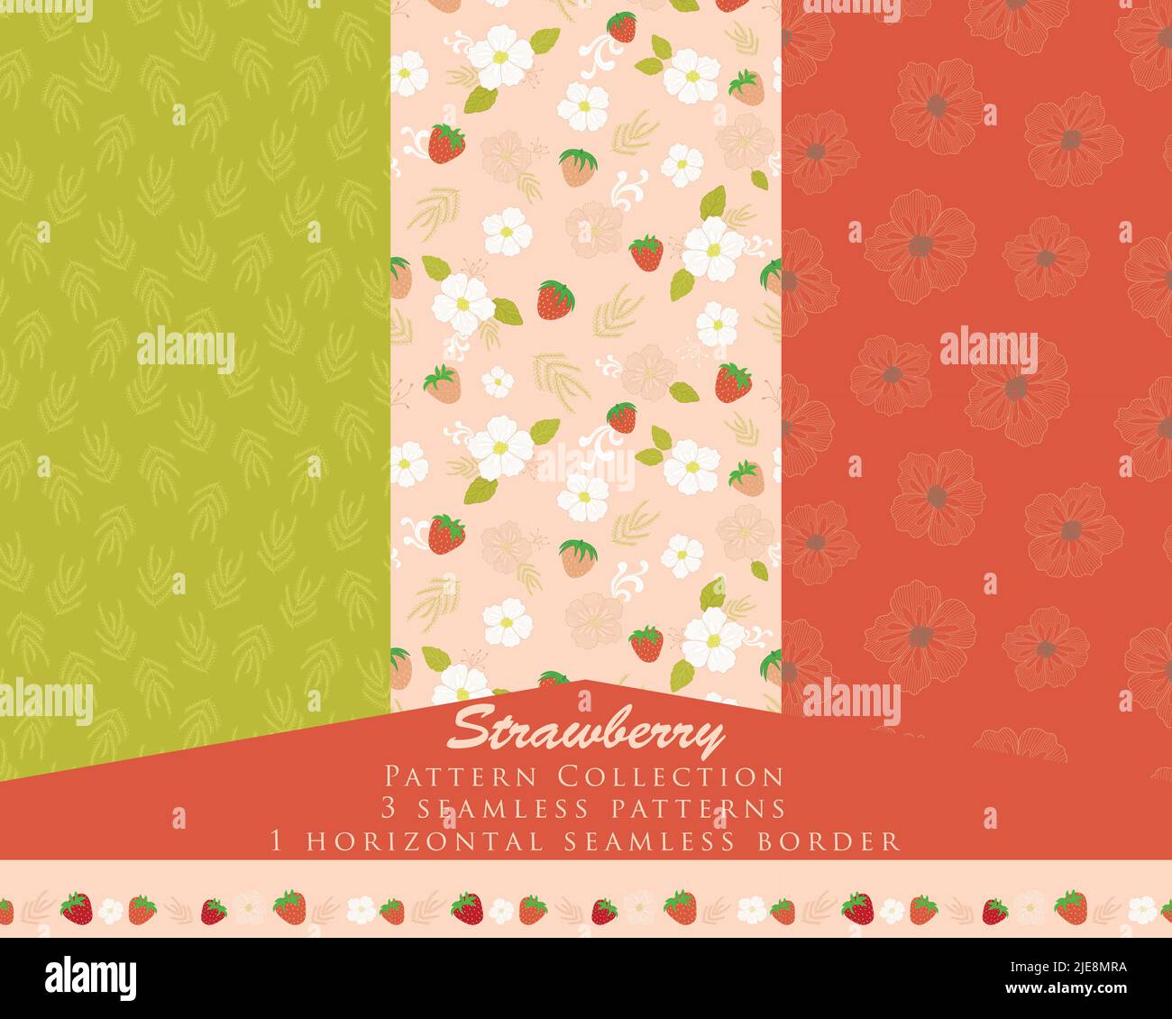 Set vettoriale della collezione di fragole 3 modelli di ripetizione senza giunture. + 1 bordo orizzontale senza giunture Illustrazione Vettoriale