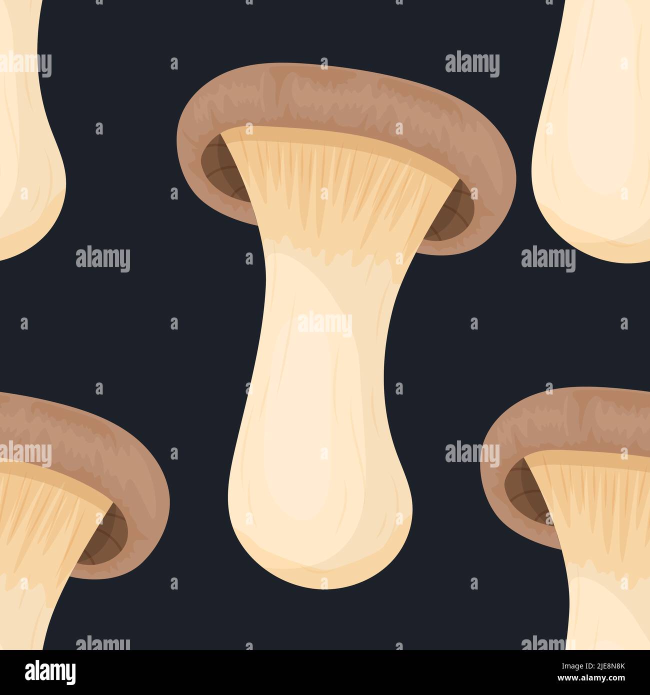 Vector Seamless Pattern con King Trumpet Oyster Mushroom on Black. Texture senza giunture, cartoon King Trumpet Oyster mushrooms disegnati a mano. Design Illustrazione Vettoriale