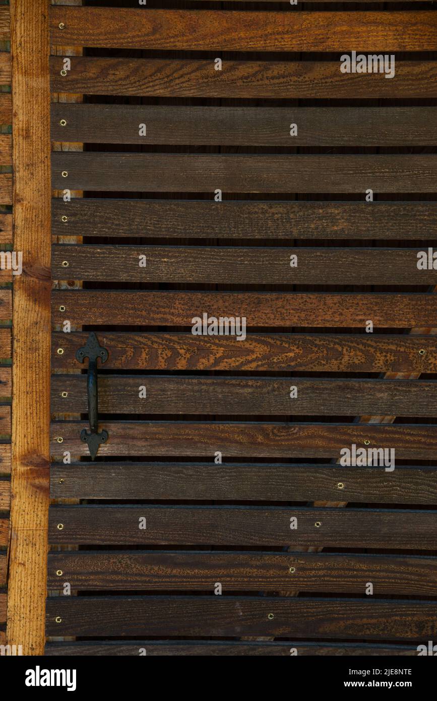 Porta in legno per capannone in legno con pannelli dipinti scuri e maniglia in metallo vecchio stile. Foto Stock