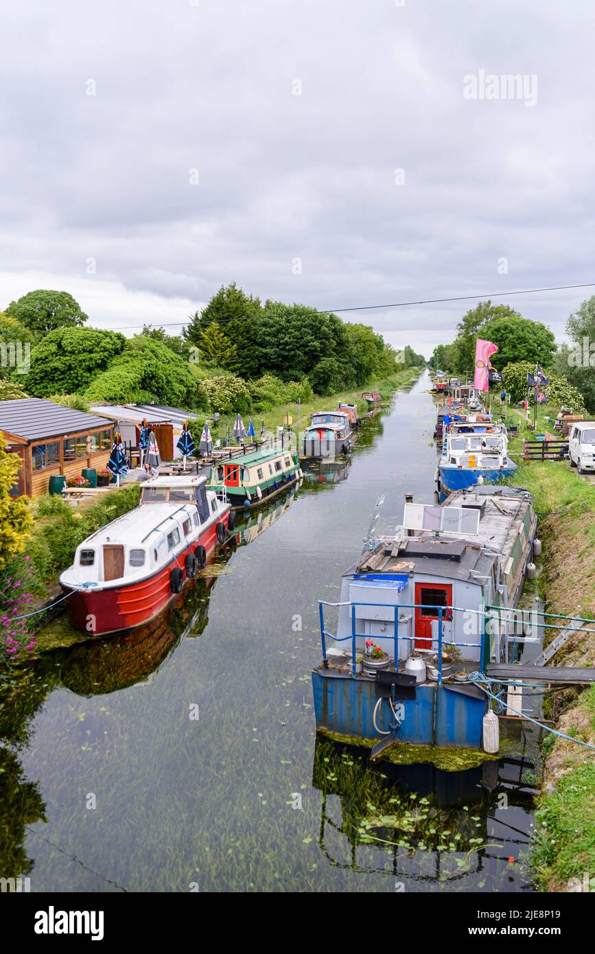 Canalboats houseboats su un canale nella contea di Laoise, Repubblica d'Irlanda Foto Stock