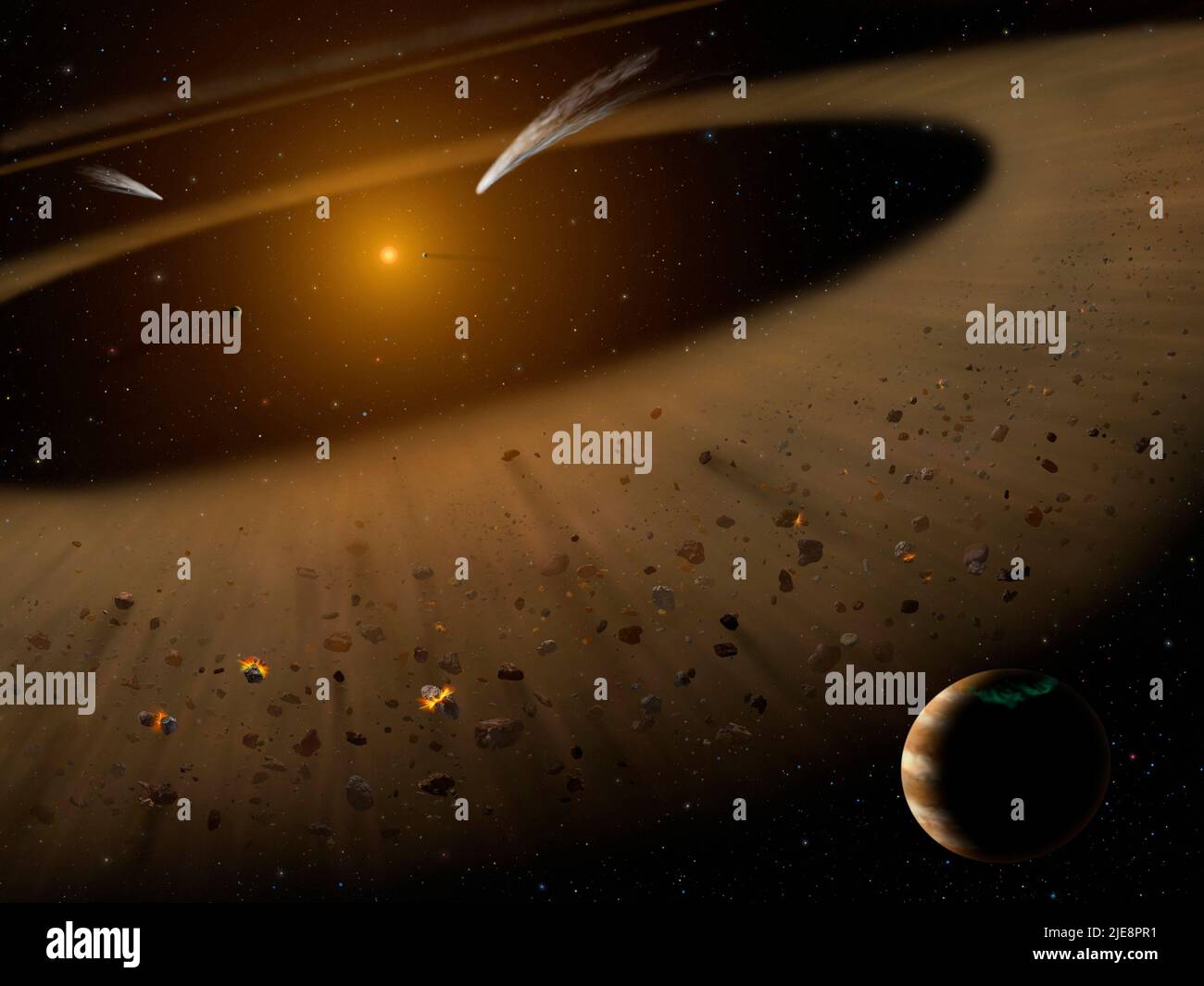 Illustrazione dell'artista del sistema Epsilon Eridani che mostra Epsilon Eridani b, in primo piano a destra, un pianeta di massa Giove che orbita la sua stella madre sul bordo esterno di una fascia di asteroidi. Sullo sfondo si può vedere un altro stretto asteroide o cintura di cometa più una cintura più esterna simile per dimensioni al nostro sistema solare Kuiper cinghia. La somiglianza della struttura del sistema Epsilon Eridani con il nostro sistema solare è notevole, anche se Epsilon Eridani è molto più giovane del nostro sole. LE osservazioni DI SOFIA hanno confermato l'esistenza della fascia di asteroidi adiacente all'orbita del pianeta Jovian. Credito: NASA/ Foto Stock