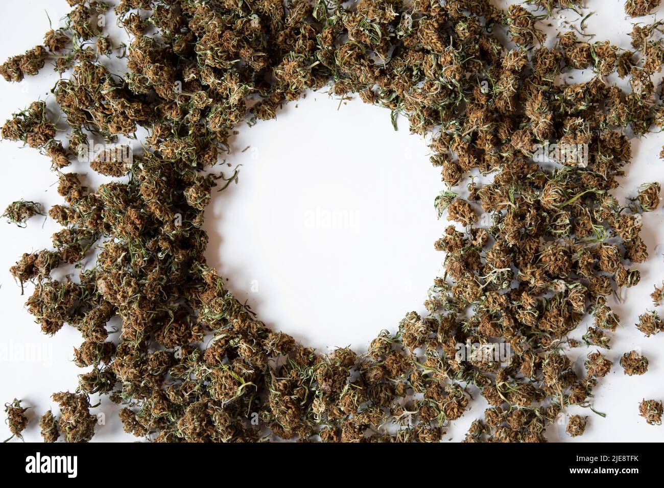 fondo concetto medicinale, germogli marijuana formando un cerchio per scrivere un testo al centro. spazio copia Foto Stock