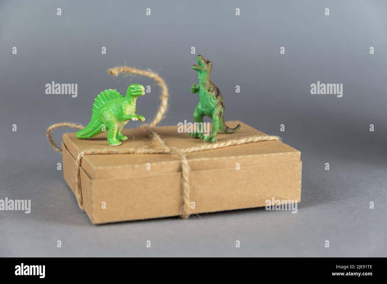 Scatola di cartone marrone e miniature di due dinosauri su sfondo grigio. Piccole figure verdi di animali di preda in piedi sulle loro zampe posteriori. Reg Foto Stock