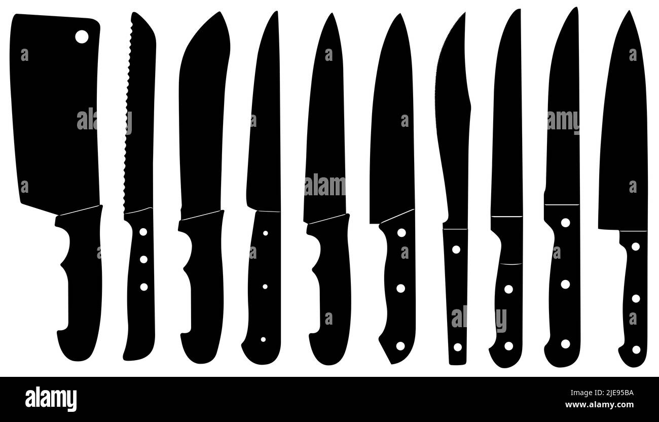 Set di coltelli da cucina diversi silhouette isolato su bianco Foto Stock