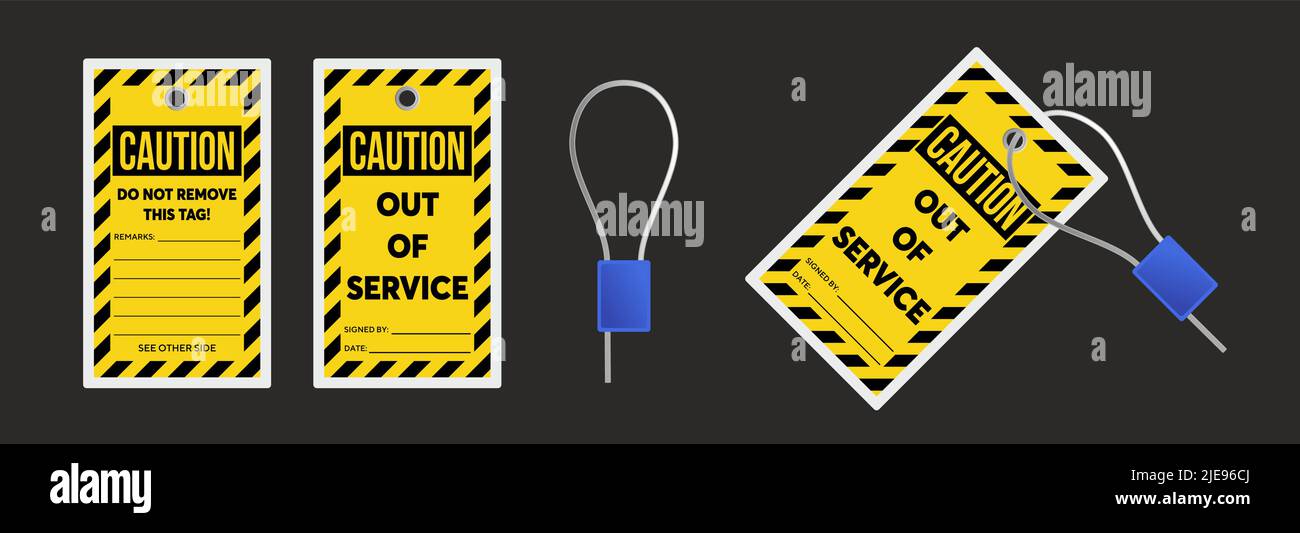 Eseguire il lockout, etichettare con un'illustrazione del vettore di tag di attenzione. Attenzione e avviso di fuori servizio. Macchina, impianto elettrico e attrezzatura di sicurezza. ISOL Illustrazione Vettoriale