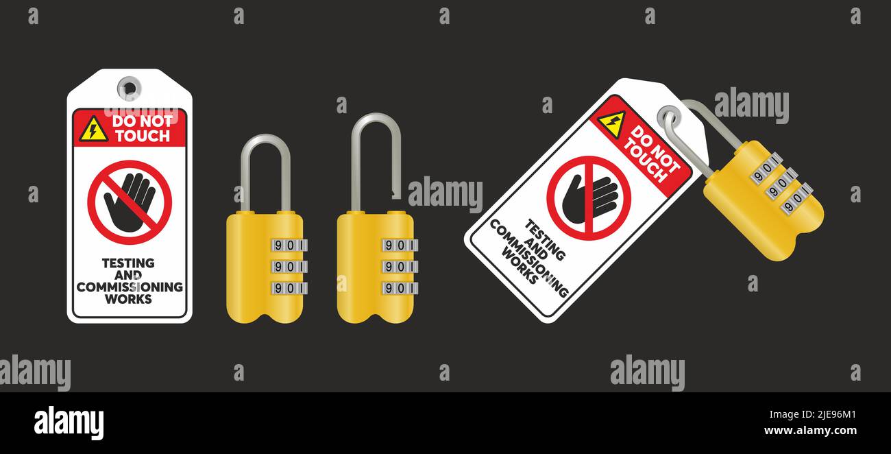 Blocco, tagout con un'illustrazione vettoriale di tag di lavori di collaudo e messa in funzione. Pericolo e avvertenza non azionare. Non toccare, testare e commiss Illustrazione Vettoriale