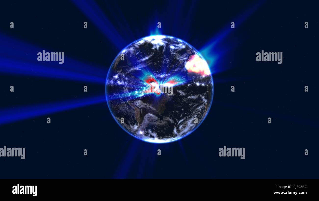 globo terrestre con dettagli luminosi e raggi di luce. rappresentazione di illustrazioni 3d Foto Stock