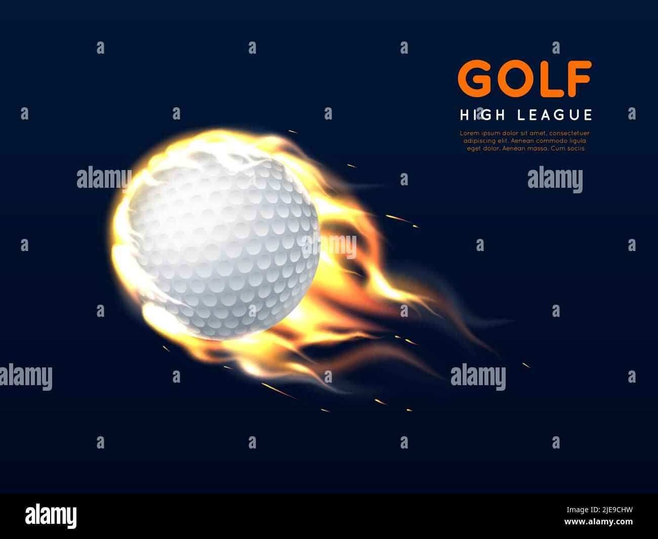 Palla da golf nel fuoco. Pallina bianca volante realistica con fiamma, oggetto sportivo ardente, colpo forte del club, elemento caldo mobile 3D isolato, club sportivo o. Illustrazione Vettoriale