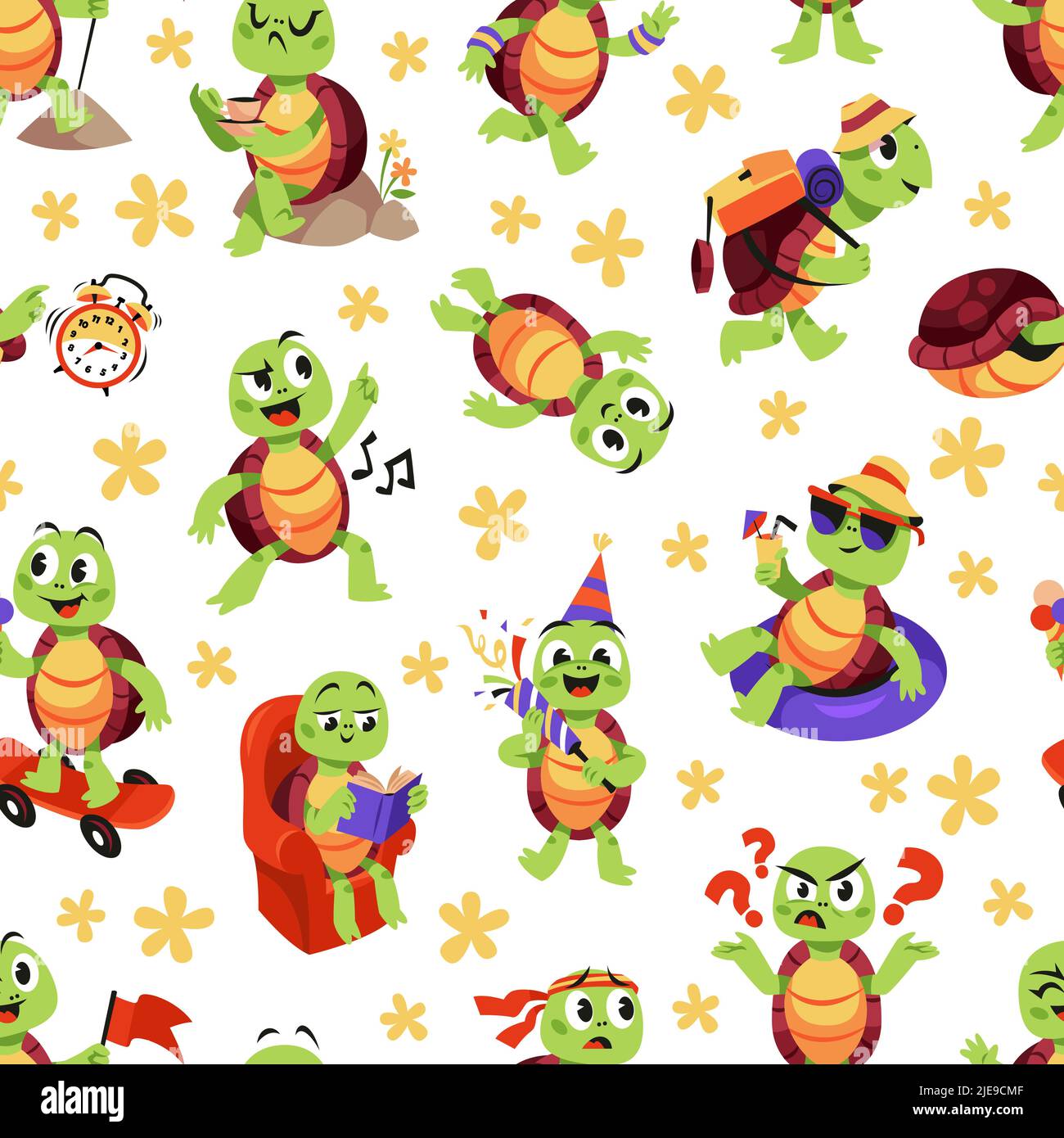 Tartaruga cartoon motivo senza cuciture. Cute mascotte animali, carattere divertente, stampe di vivaio, varie azioni ed emozioni, sfondo vettoriale ordinato. Arredamento Illustrazione Vettoriale