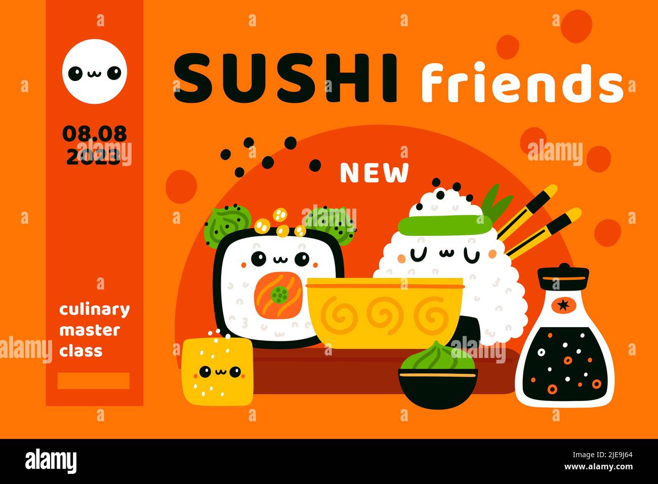 Simpatico poster dei sushi roll. Kawaii fumetto giapponese cibo personaggi. Fumetti onigiri e tofu. Frutti di mare con riso. Lezione di cucina. Wasabi e soia Illustrazione Vettoriale