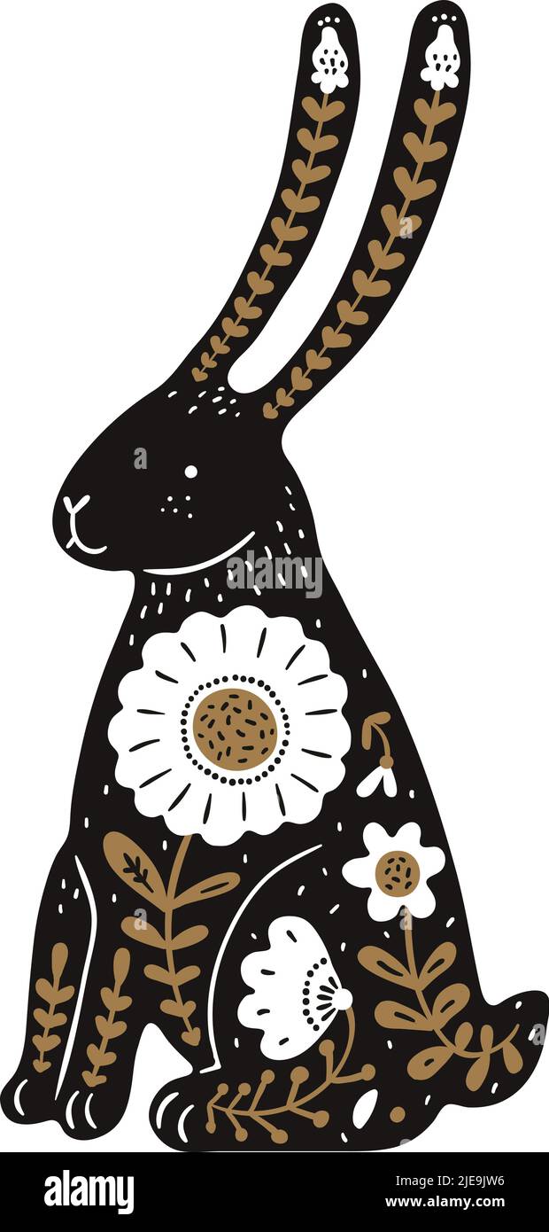 Coniglio in stile folklore nordico. Lepre scandinava ornamentale Illustrazione Vettoriale