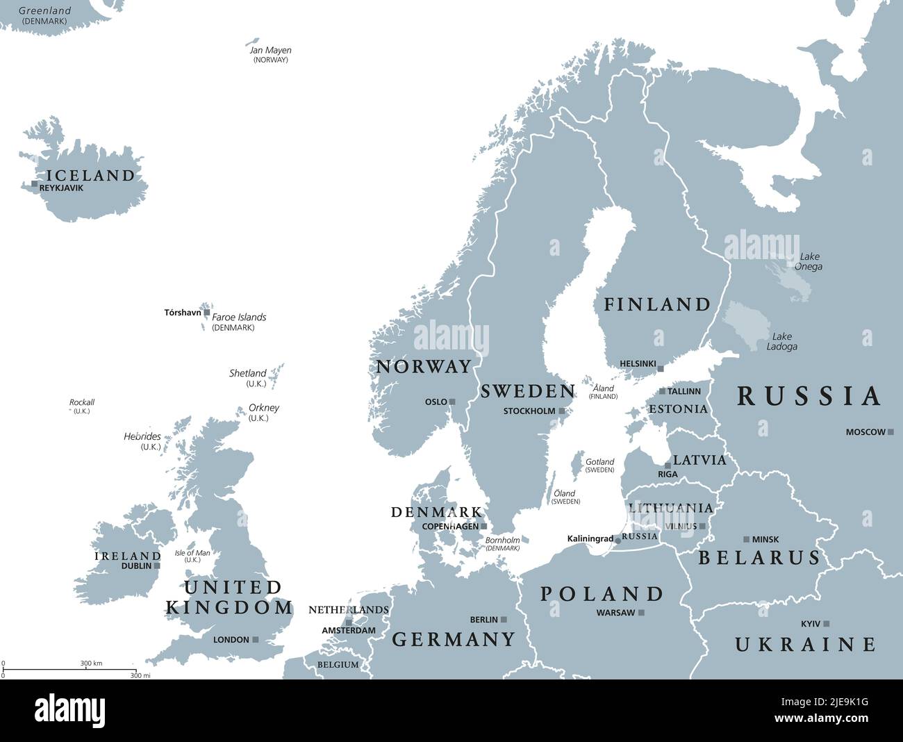 Europa settentrionale, mappa politica grigia. Isole britanniche, Fennoscandia, Penisola dello Jutland, pianura baltica e isole al largo della terraferma del Nord Europa. Foto Stock