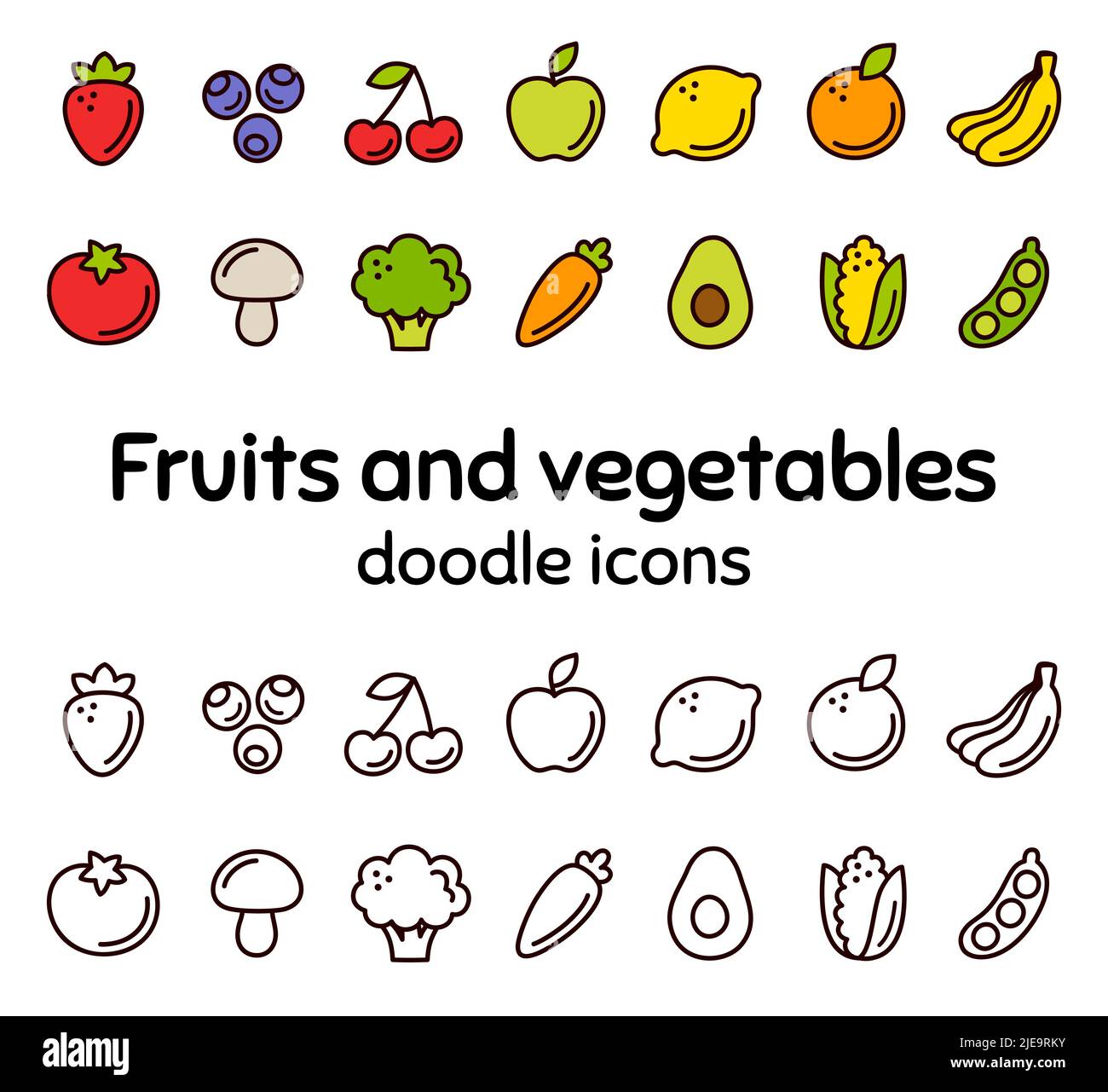 Cartoon icone di frutta e verdura disegnate a mano in due stili, colore e linea nera. Simpatici pittogrammi semplici, set di illustrazioni vettoriali. Illustrazione Vettoriale