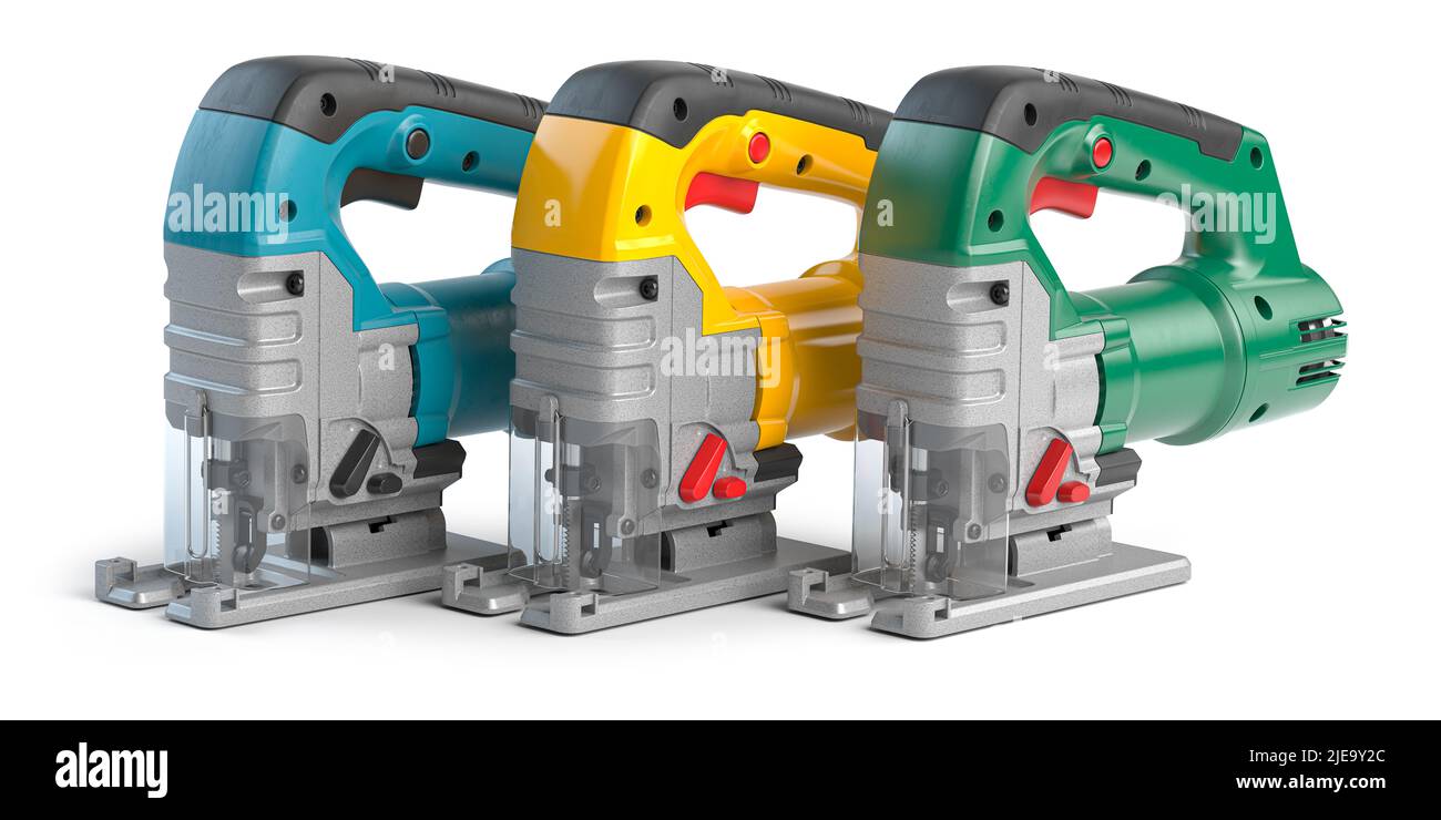 Seghetto elettrico di diversi colori isolato su bianco. Attrezzo elettrico per carpentiere. 3d illustrazione Foto Stock
