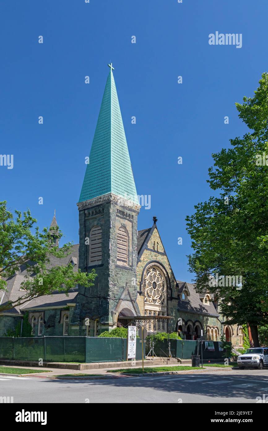 Chicago, Illinois - Chiesa di Greenstone, in fase di ristrutturazione, al Pullman National Monument, sede di una città aziendale e di fabbriche che George Pullman US Foto Stock