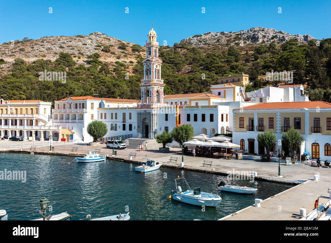 Sacro Monastero di San Arcangelo Michele Panormitis. Isola di SYMI, Grecia. Foto Stock