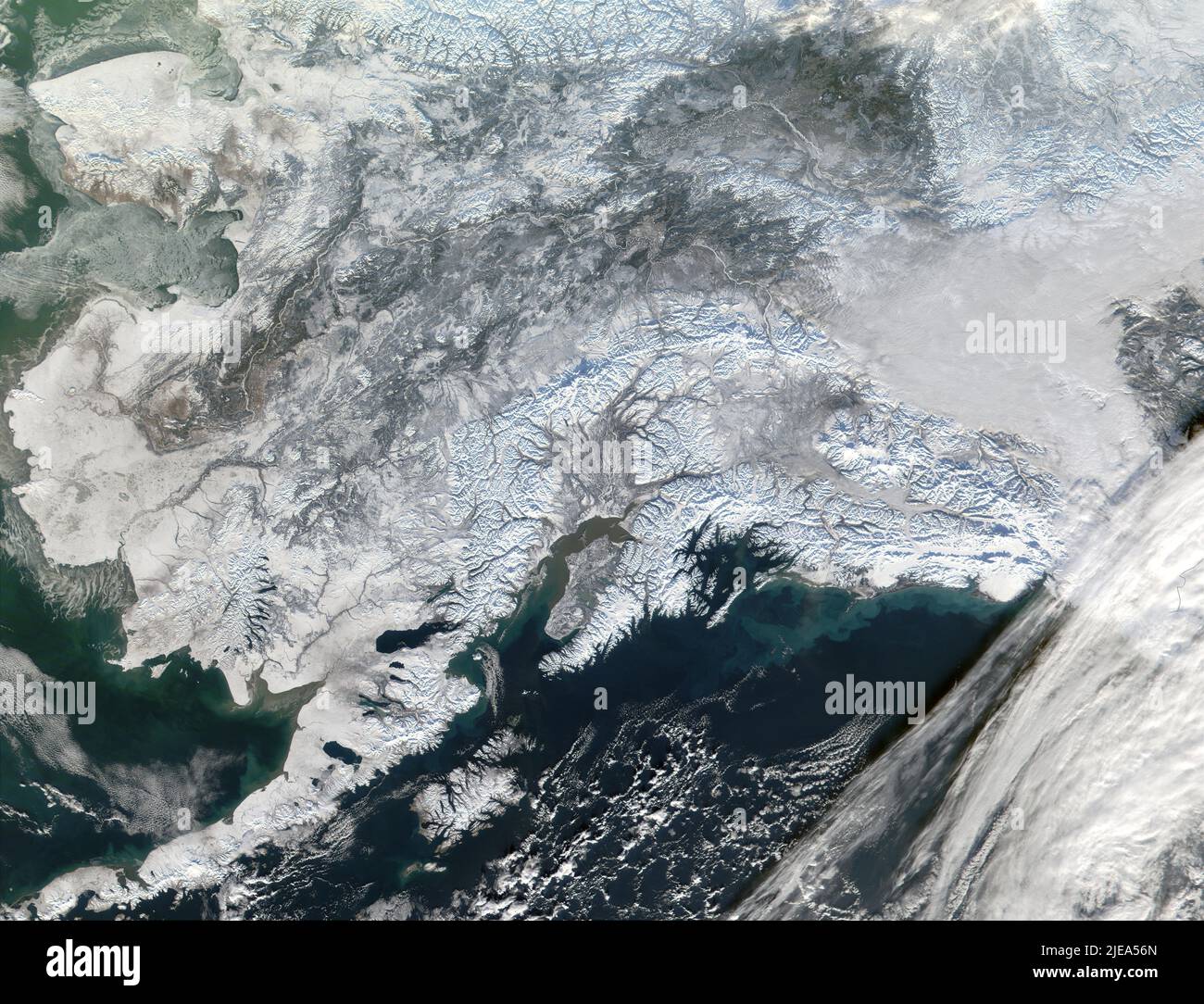 Alaska, MODIS photo, Inverno, 7 novembre 2001, Alaska Range, Denali, Cook Inlet, Chugach Mountains, Golfo dell'Alaska, Aleutian Range Foto Stock