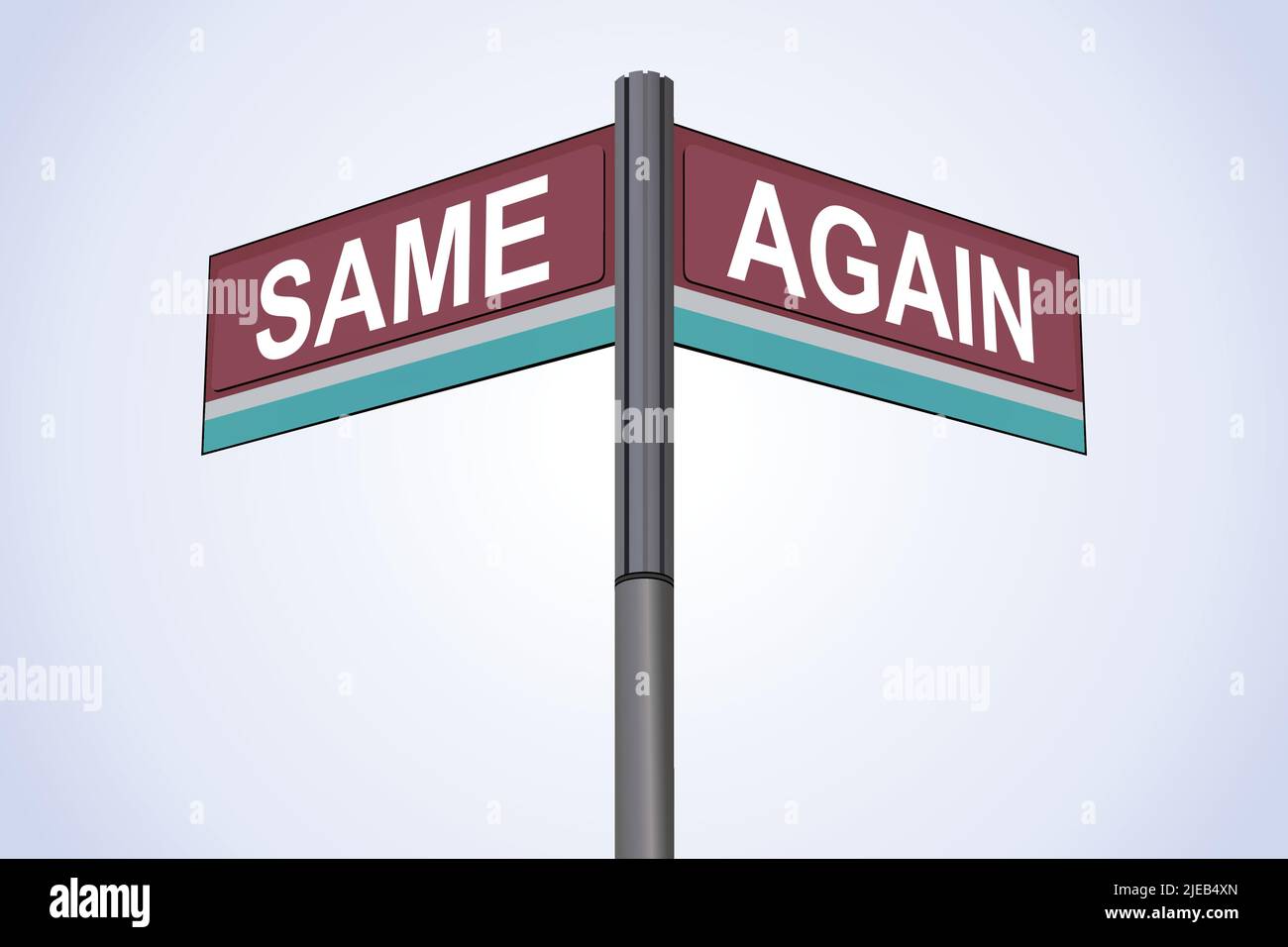 Stesso su un lato con un'altra direzione, cartello stradale cromato, con etichette di direzione leggere e verdi, sfondo blu gesso. Illustrazione Vettoriale