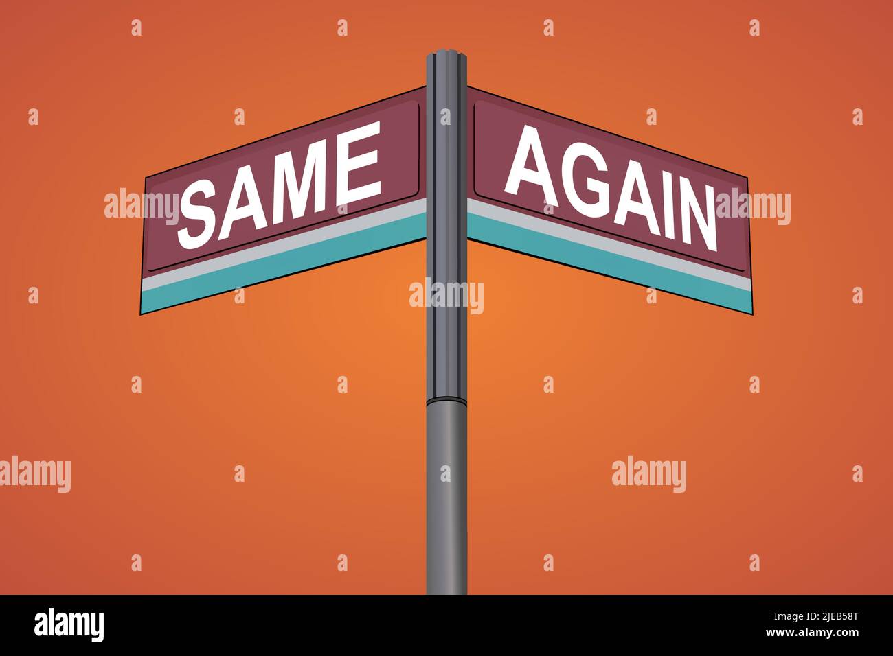 Stesso da un lato con un'altra direzione, segnale stradale cromato, con etichette di direzione leggere e verdi, sfondo arancione Halloween. Illustrazione Vettoriale