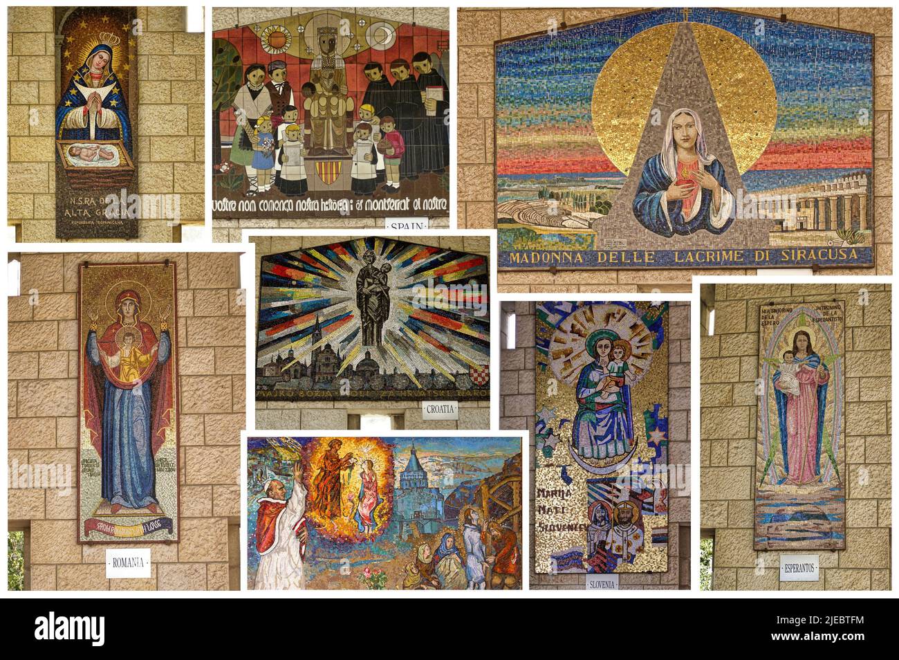 La Basilica dell'Annunciazione di Nazareth espone mosaici della Madonna che esprimono a Maria la devozione di diversi popoli e culture. Foto Stock
