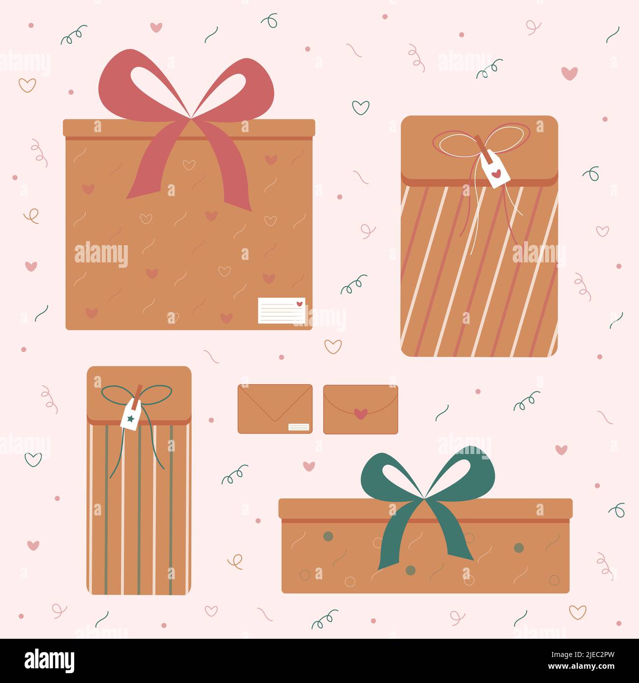 Presentare la raccolta di set di scatole. Carino scatola regalo marrone moderno, pacchetto, busta con stampe e nastri. Illustrazione vettoriale in stile piatto. Illustrazione Vettoriale