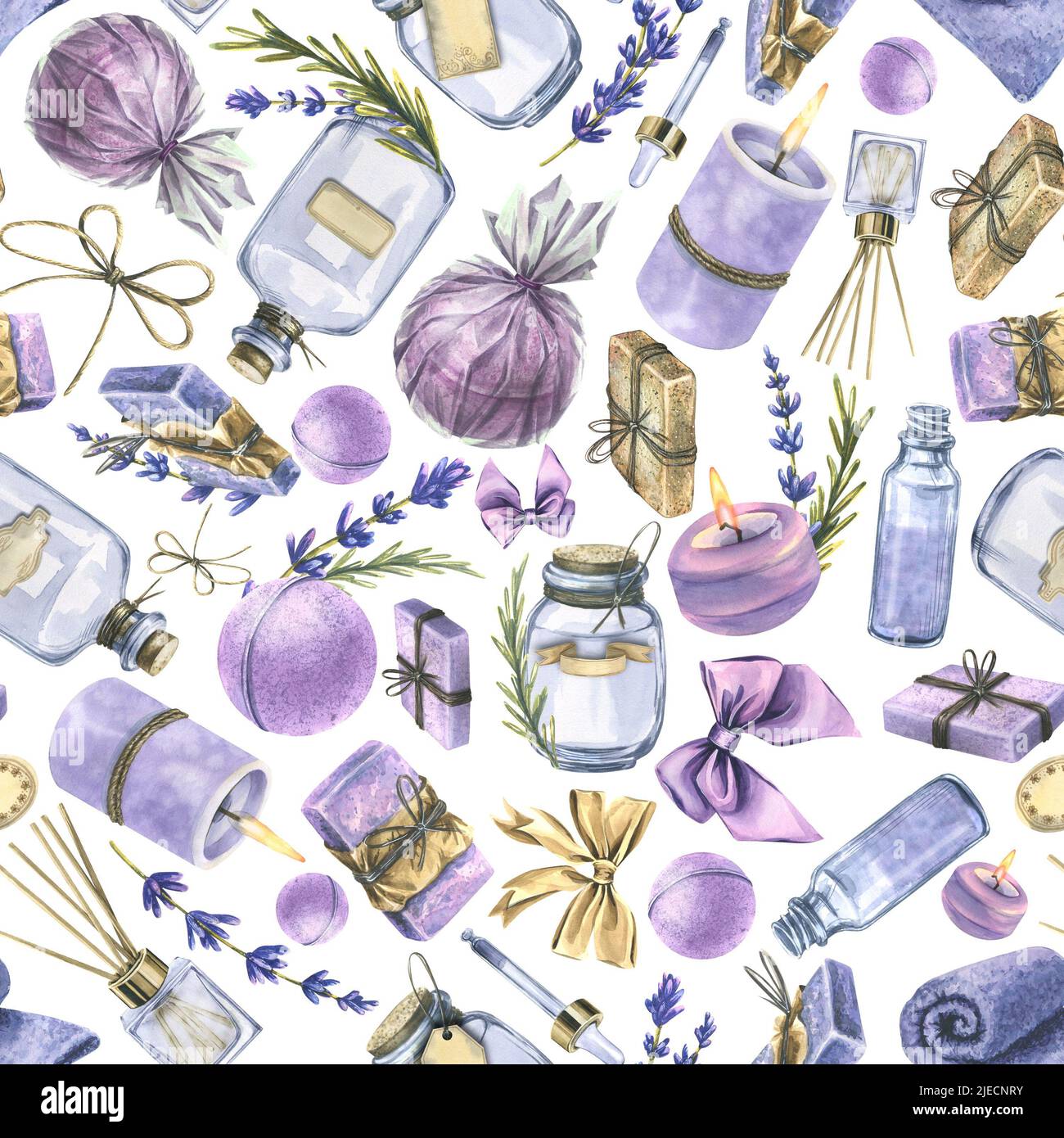 Oggetti fatti a mano per SPA, ricevimento bagno, cosmetici. Illustrazione acquerello da un grande set di Lavender SPA. Per tessuti, tessuti, pubblicità, deco Foto Stock