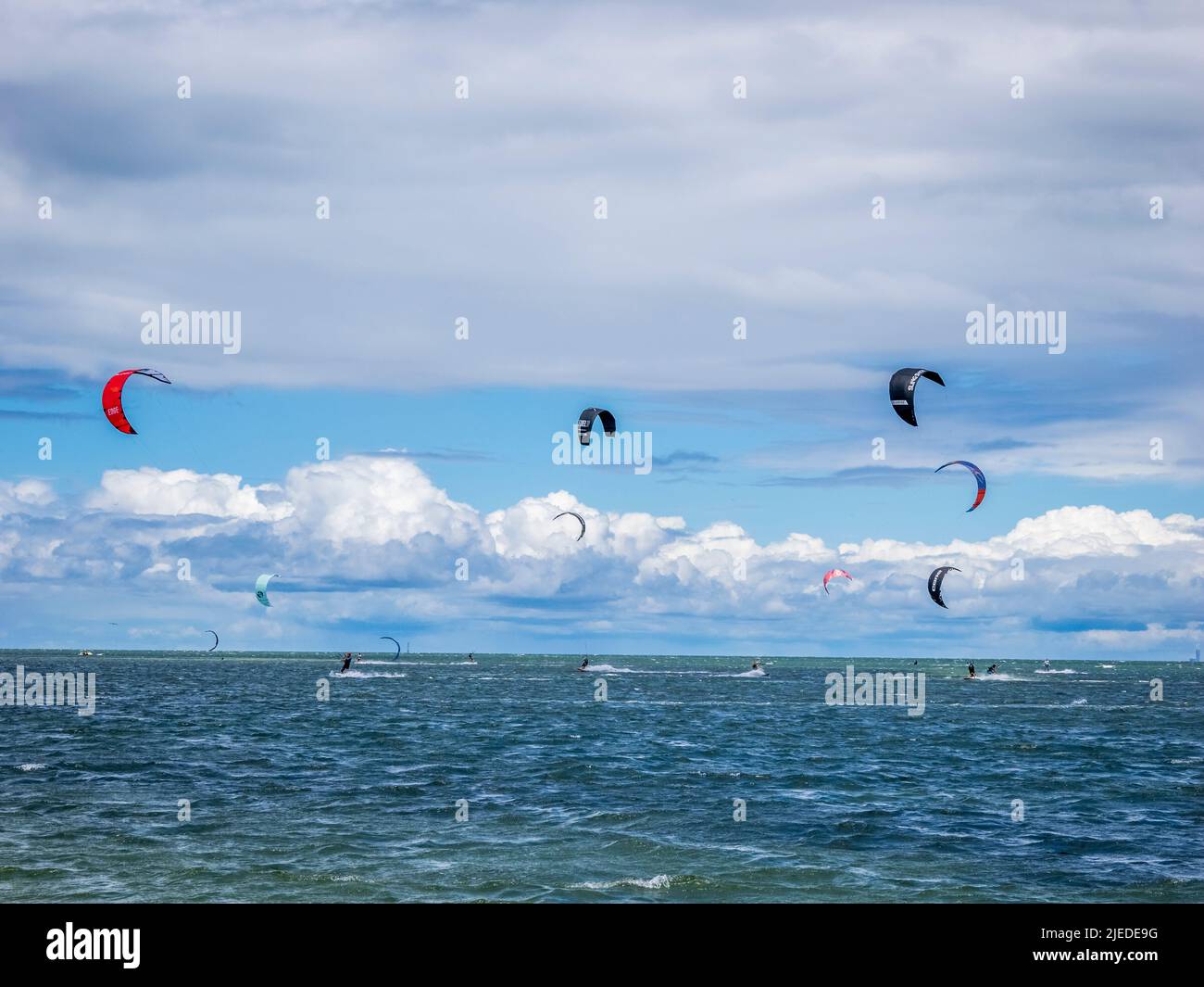 Kiteboarder o kitesurfers a Tampa Bay a St Petersburg Florida USA Foto Stock