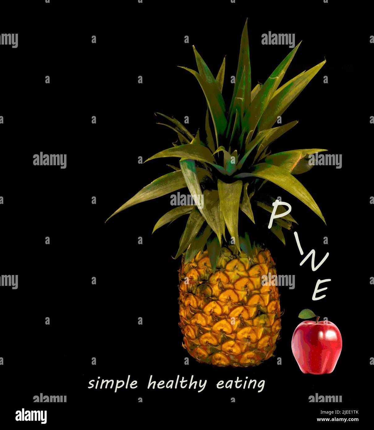 Ananas singolo con gambi verdi sulla parte superiore, mela rossa e lettere bianche 'Pino' e semplice cibo sano', sfondo nero e spazio copia. Foto Stock