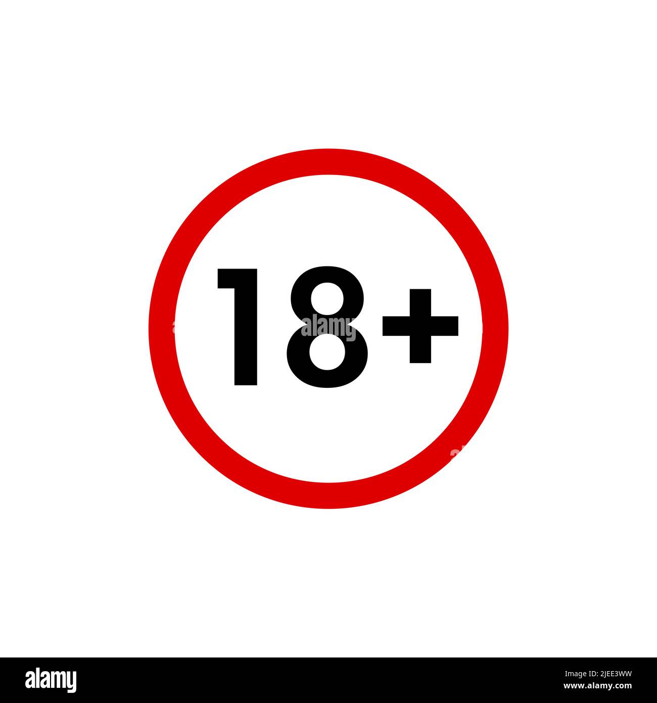 18 più icona, segno di divieto di età inferiore a diciotto anni, simbolo di restrizione di età isolato su bianco. Illustrazione vettoriale. Illustrazione Vettoriale