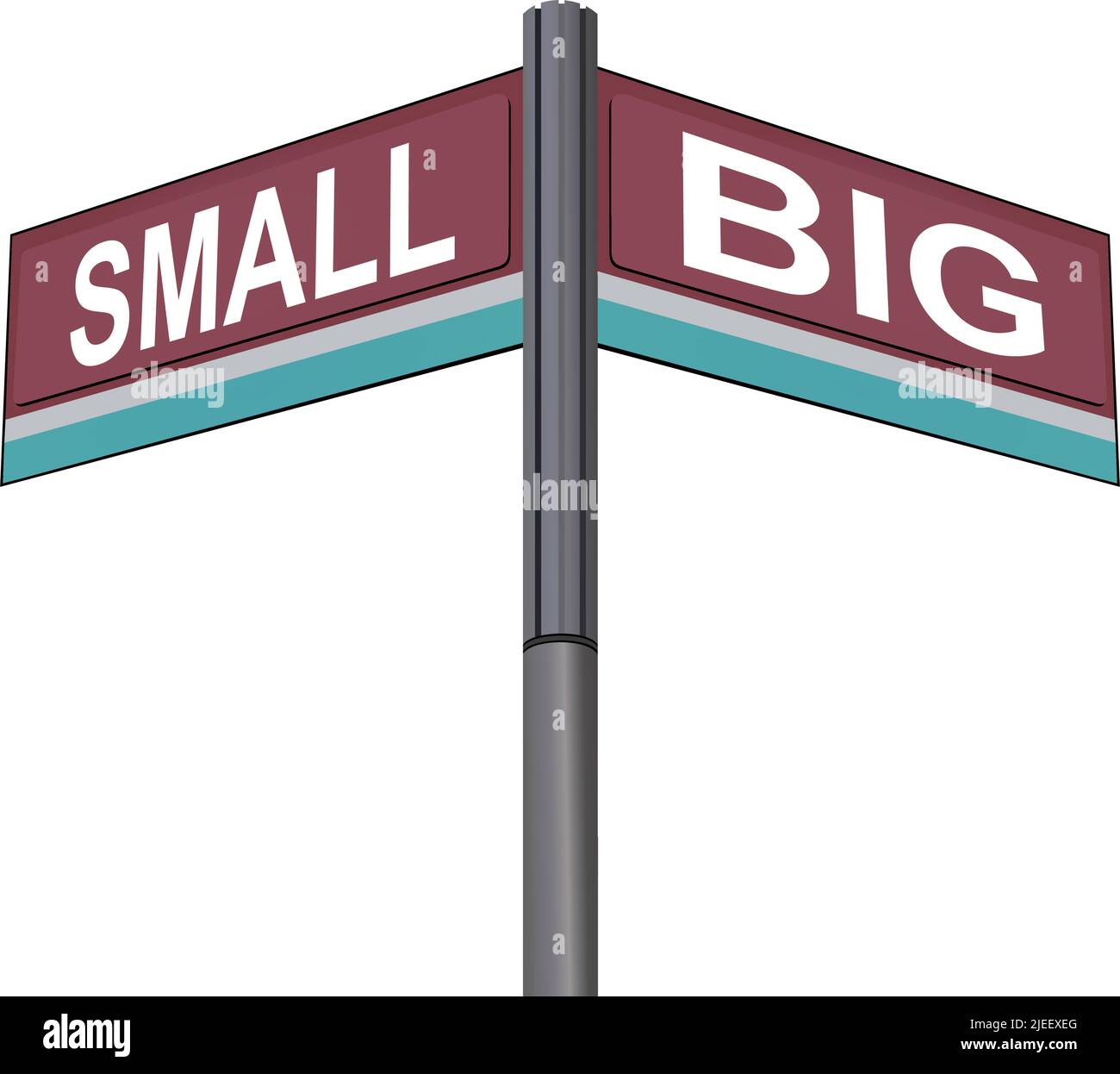 Piccolo su un lato con Big Another direzione, cartello stradale cromato, con etichette di direzione leggere e verdi, sfondo bianco. Illustrazione Vettoriale