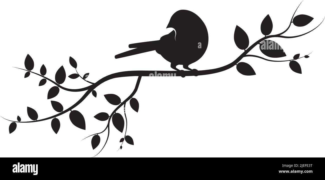 Uccello su ramo, vettore. Decalcomanie parete, uccello su albero. Design di arte naturale. Decorazioni a parete isolate su sfondo bianco Illustrazione Vettoriale
