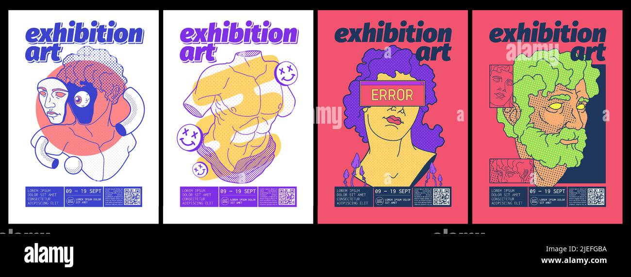 Poster di mostre d'arte con design psichedelico alla moda con scultura greca a mezzitoni. Volantini vettoriali di invito alla galleria d'arte contemporanea con collage creativi Illustrazione Vettoriale