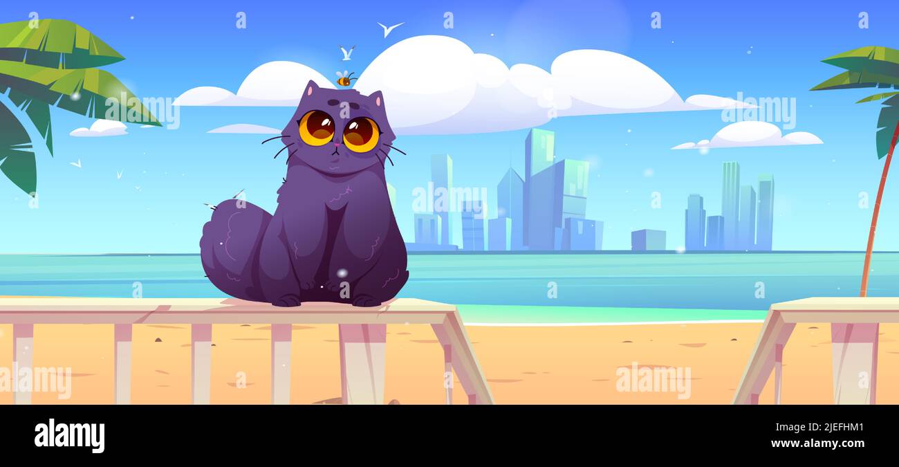 Carino gatto sedersi su recinzione terrazza in legno sulla spiaggia di mare. Illustrazione vettoriale di cartoni animati del paesaggio tropicale estivo con palme e gattino nero divertente furry sulla veranda ringhiera, skyline della città sullo sfondo Illustrazione Vettoriale