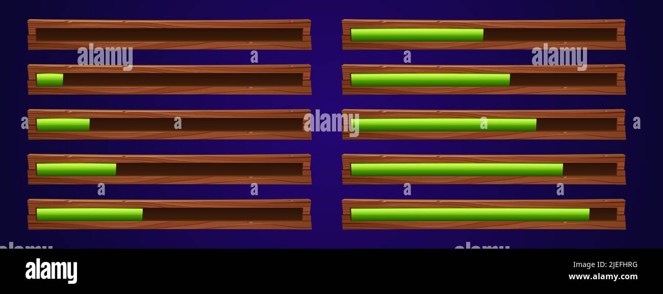 Caricamento dell'interfaccia utente del gioco barre di avanzamento set vettoriale, elementi di progettazione dell'interfaccia grafica cartoon. Stato e risorse scale di potenza con liquido tossico verde in striscia di legno, isolato 2D illustrazione Illustrazione Vettoriale