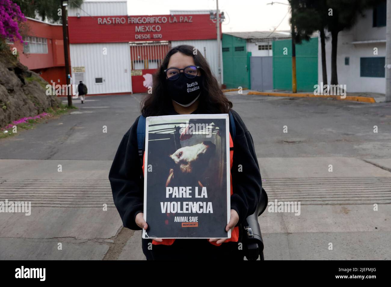 La Paz, Città del Messico, Messico. 25th giugno 2022. 25 giugno 2022, la Paz, Messico: Gli attivisti dell'organizzazione Animal Save Movement detengono una veglia per suini e tori al di fuori del macello di macellazione Rastro FrigorÃ-fico la Paz nello Stato del Messico. Il 25 giugno 2022 a la Paz, Messico. (Credit Image: © Luis Barron/eyepix via ZUMA Press Wire) Foto Stock