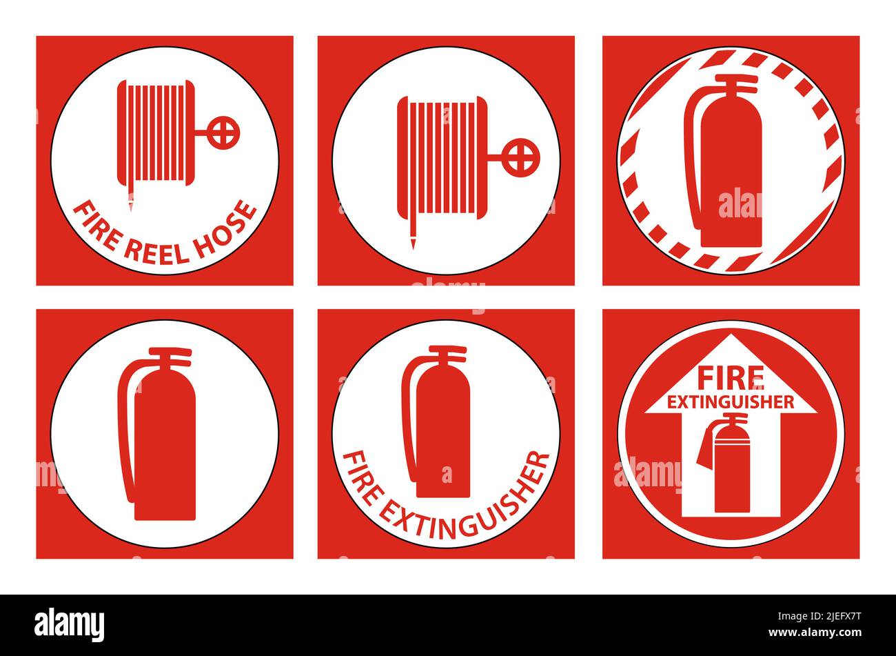 Set Fire Reel Hose Floor, Extinguisher Sign su sfondo bianco Illustrazione Vettoriale