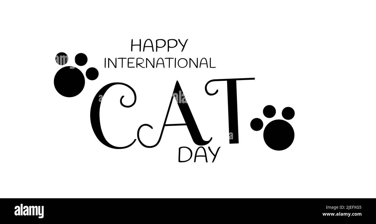 Immagine illustrativa di zampe e felice giorno di gatto internazionale testo su sfondo bianco, spazio copia Foto Stock