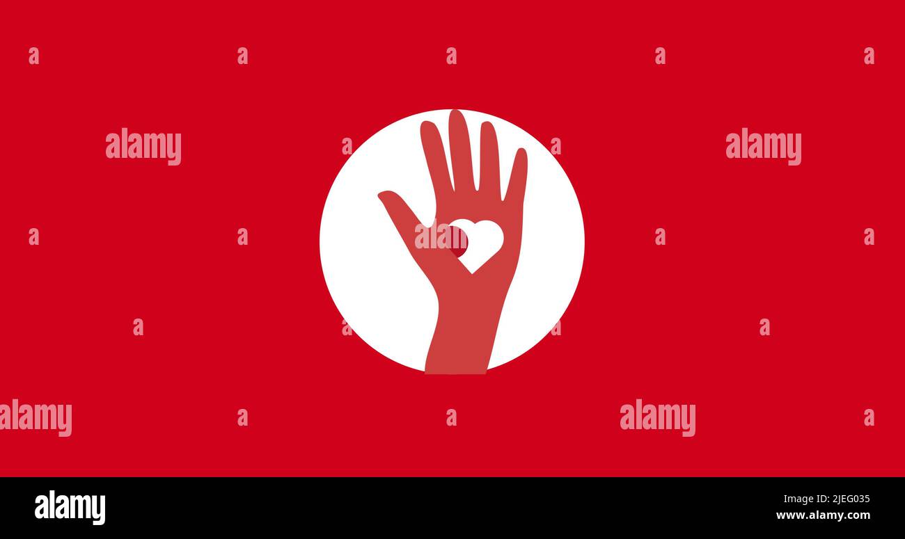 Illustrazione della mano rossa con forma a cuore in cerchio bianco su sfondo rosso, spazio copia Foto Stock