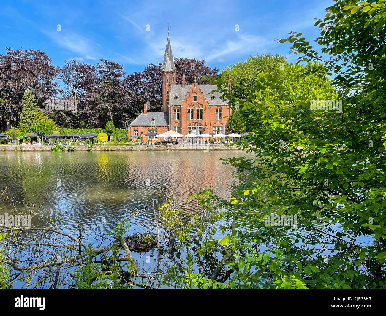 Vista sul parco acquatico Minnewaterpark e sul vicino Lago d'Amore (Minnewaterea), nella città di Bruges, nelle Fiandre, in Belgio, in Europa. Foto Stock