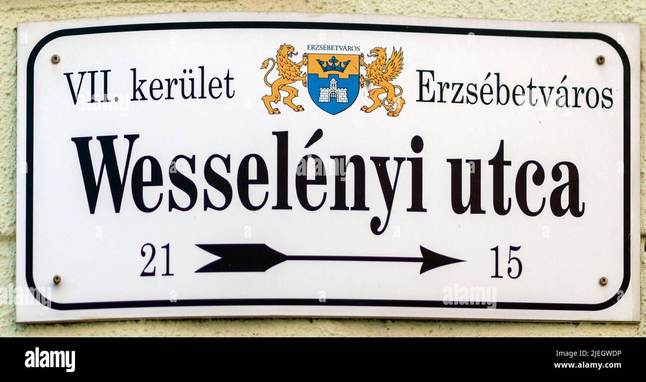 Cartello Wesselenyi Utca, Distretto VII, Budapest, Ungheria Foto Stock