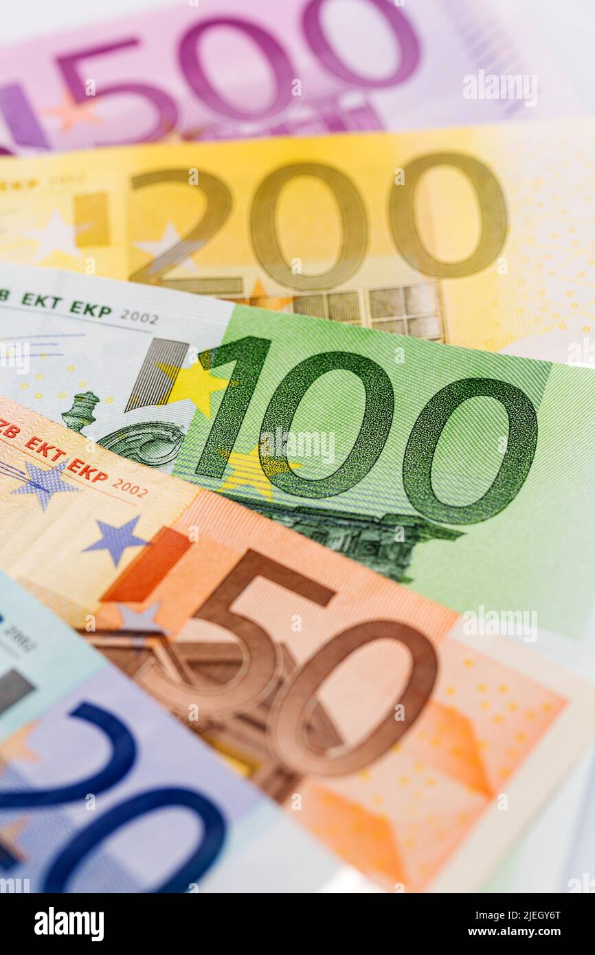 Viele Euro-Geldscheine der Europäischen Union, 20, 50, 100, 200, 500, Foto Stock